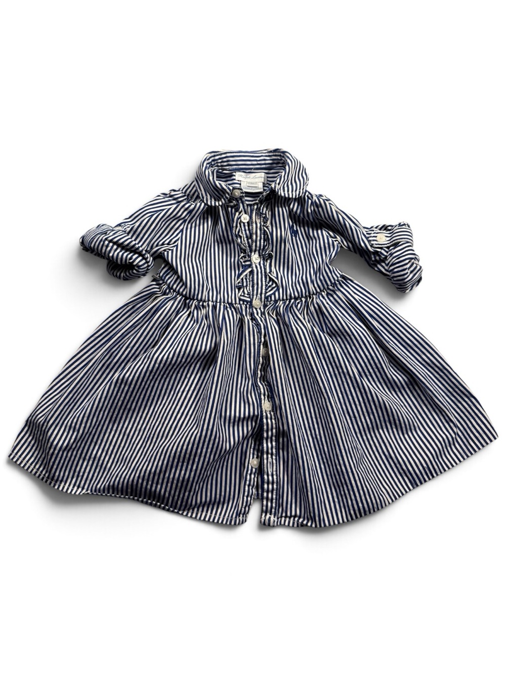 Ralph Lauren 9M Navy White Striped Shirt-Dress Long Sleeve Roll Tab 100% Cotton